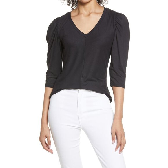 Bobeau Puff Sleeve Butter Top Womens Size XS Black V-Neck ¾ Sleeve Coquette NWOT - Picture 6 of 16